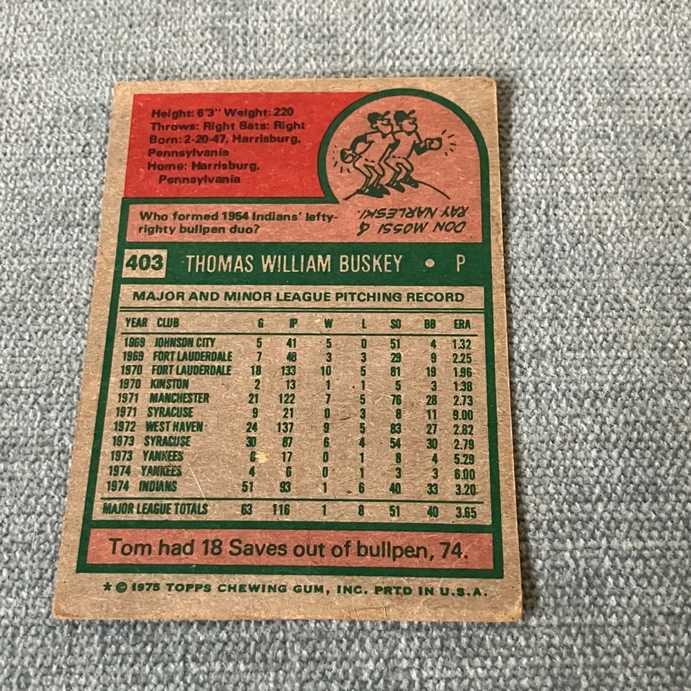 1975 Topps Cleveland Indians Baseball Card Trading Card